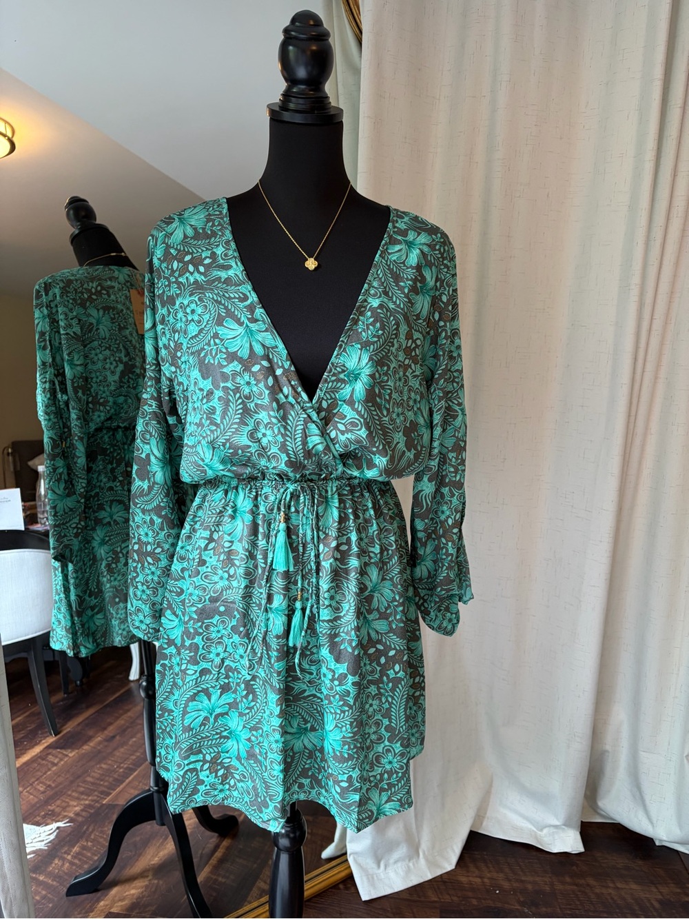 Teal Floral Wrap Mini Dress with Drawstring Waist